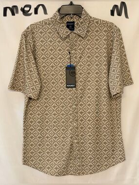 Monument Men's Short-Sleeve Button-Down Shirt in Tan Geometric Print